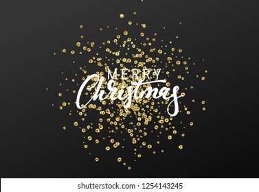Merry Christmas calligraphy text. Background with golden sequins texture.