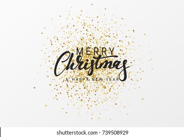 Merry Christmas calligraphy text. Background with golden glitter texture. vector illustration