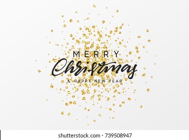 Merry Christmas calligraphy text. Background with golden sequins texture. vector illustration