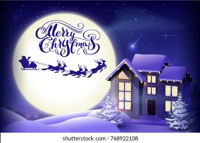 Merry Christmas calligraphy text greeting card. Santa reindeer sleigh silhouette against background of moon in night sky. Night in forest house winter landscape. Vector holiday illustration