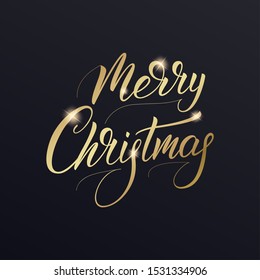 Merry Christmas Calligraphy Text. Christmas Handwritten Inscription Gold Lettering Design