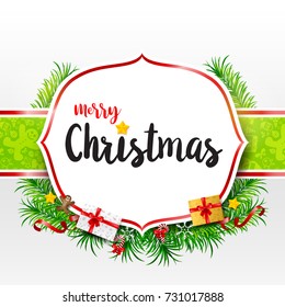 Merry Christmas calligraphy text on frame with green leaf Christmas ball snowflake and celebration element vector illustration eps10