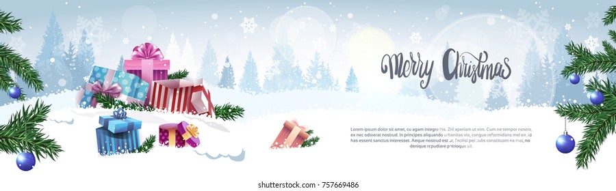 Merry Christmas Calligraphy Text Over Winter Forest Background Horizontal Holiday Banner With Copy Space Vector Illustration