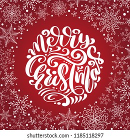 Merry Christmas Calligraphy vector text with snowflakes. Lettering design on red background. Creative typography for Holiday Greeting Gift Poster. Font style Banner