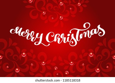 Merry Christmas Calligraphy vector text with flourishes. Lettering design on red background. Creative typography for Holiday Greeting Gift Poster. Font style Banner
