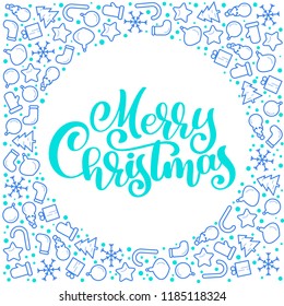 Merry Christmas Calligraphy vector text with xmas atributes. Lettering design on white background. Creative typography for Holiday Greeting Gift Poster. Font style Banner