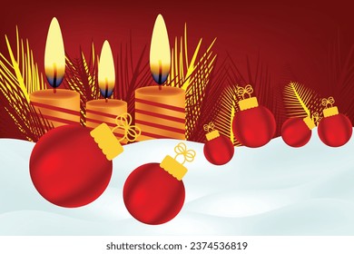 Merry Christmas candle background with red Christmas balls and pine branch
