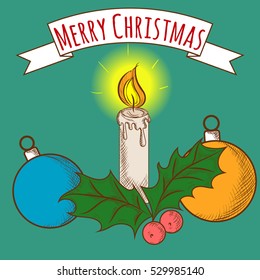 Merry Christmas Candle with Balls and European Holly, Ilex Aquifolium, Colorful, Hand Drawn