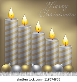 Merry Christmas candle, bauble and tinsel card in vector format.