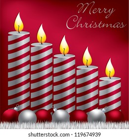 Merry Christmas candle, bauble and tinsel card in vector format.