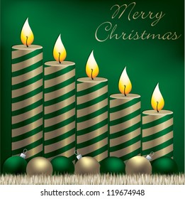 Merry Christmas candle, bauble and tinsel card in vector format.