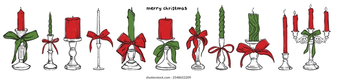 Merry Christmas candle doodle illustration, vector winter holiday traditional vintage candleholder. Celebration cozy wax light, hand drawn crayon festive red green ribbon bow. Burning Christmas candle