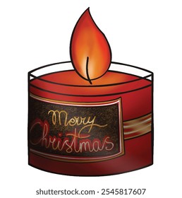 Merry Christmas Candle. Red holiday candle with a glowing flame and "Merry Christmas" label. Great for cozy winter designs.