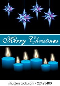 merry christmas with candles and hanging stars