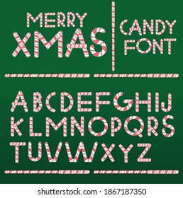 Merry Christmas candy cane alphabet font, vector illustration