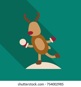 Merry christmas. Candy cane. Cute cartoon deer with horns, red scarf. Reindeeer head. Snowdrift. Blue winter snow background. Greeting card Flat design. Vector illustration