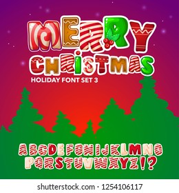 Merry Christmas candy cane font. ABC - festive alphabet letters set. Sweet comic font. Cartoon lettering template for poster, banner, greeting card on Christmas and New Year. Vector illustration.