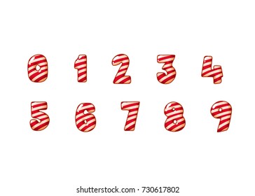 Merry Christmas candy cane font. 123 numeral alphabet - festive numbers. Sweet comic font. Cartoon lettering template for poster, banner, greeting card on Christmas and New Year. Vector illustration.