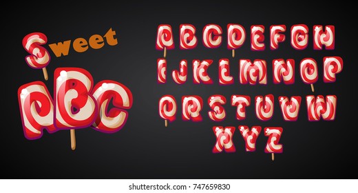 Merry Christmas candy cane font. ABC - festive alphabet letters set. Sweet comic font. Cartoon lettering template for poster, banner, greeting card on Christmas and New Year. Vector illustration.