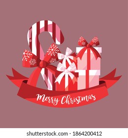 merry christmas candy cane with gifts and ribbon vector illustration