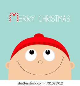 Merry christmas Candy cane. Kid face looking up. Baby boy wearing red hat and scarf. Cute cartoon character. Funny head with eyes, nose, smiling mouth. Hello winter. Flat design Blue background Vector