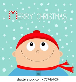 Merry christmas Candy cane. Kid face looking up to snow. Baby boy wearing red hat scarf. Cute cartoon character. Funny head eyes, nose, smiling mouth. Flat design. Vector