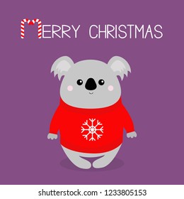 Merry Christmas. Candy cane. Koala in red ugly sweater with snowflake. Happy New Year. Kawaii animal. Cute cartoon bear baby character. Funny face. Greeting card. Flat design. Violet background Vector