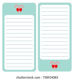 Merry Christmas Candy Cane. Paper Note List pad. Planner set. Lined texture. To do list Organizer Schedule template. Kids style. Empty place for notes. Blue color. Flat design White background. Vector