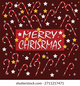 Merry Christmas Candy Cane Pattern with Stars and Snowflakes on Red Background.