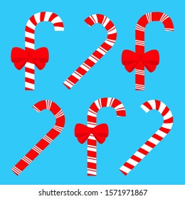 Merry Christmas. Candy Cane peppermint stick icon set. Red white stripes. Cute big red bow decoration. Hand drawn holiday element. Greeting card. Flat design. Blue background. Isolated. Vector