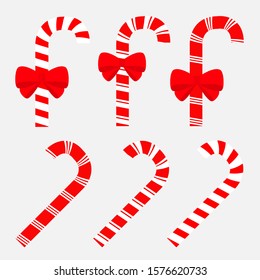 Merry Christmas. Candy Cane peppermint stick icon set. Red white stripes. Cute big red bow decoration. Greeting card. Hand drawn holiday element. Flat design. Gray background. Isolated. Vector