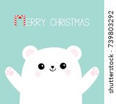 Merry Christmas Candy cane. Polar white little small bear cub. Reaching for a hug. Cute cartoon baby character icon. Open hand ready for a hugging Arctic animal . Flat design Winter background. Vector