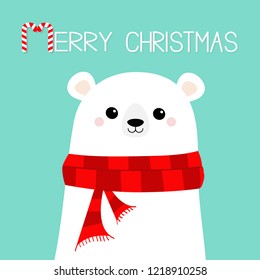 Merry Christmas Candy cane. Polar white bear cub head face wearing red scarf. Cute cartoon smiling baby character. Happy New Year. Arctic animal. Flat design Hello winter. Blue background. Vector