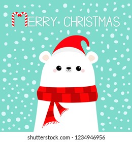 Merry Christmas Candy cane. Polar white bear cub face wearing red Santa hat scarf. Cute cartoon baby character. Happy New Year. Arctic animal Flat design Hello winter Blue snow flake background Vector