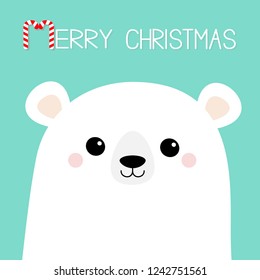 Merry Christmas. Candy Cane. Polar white bear cub face. Happy New Year. Cute cartoon baby character. Arctic animal. Hello winter. Flat design. Hello winter. Blue background. Vector illustration