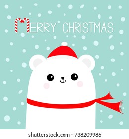 Merry Christmas Candy cane. Polar white bear cub head face wearing red Santa Claus hat scarf. Cute cartoon baby character. Arctic animal collection. Flat design Winter background Snow flake. Vector