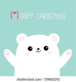 Merry Christmas Candy cane. Polar white little small bear cub. Reaching for a hug. Cute cartoon baby character icon. Open hand ready for a hugging Arctic animal . Flat design Winter background. Vector