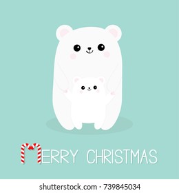 Merry Christmas Candy cane. Polar white small little bear cub. Cute cartoon character set. Mother hugging baby Arctic animal Flat design. Winter blue background. Vector illustration