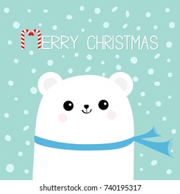 Merry Christmas Candy cane. Polar white bear cub head face wearing scarf. Cute cartoon smiling baby character Arctic animal collection Flat design Winter blue background Snow flake Vector illustration