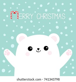 Merry Christmas Candy cane. Polar white bear cub. Reaching for a hug. Cute cartoon baby character icon. Open hand ready for a hugging Arctic animal . Flat design Winter snow flake background. Vector