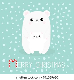 Merry Christmas Candy cane. Polar white small little bear cub. Cute cartoon character set. Mother hugging baby Arctic animal Flat design. Winter blue background with snow flake. Vector illustration