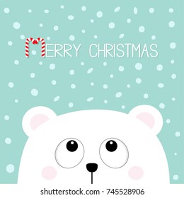 Merry Christmas Candy cane. Polar white little small bear cub head face looking up. Big eyes. Cute cartoon baby character. Arctic animal. Flat design Winter snow flake background. Vector illustration