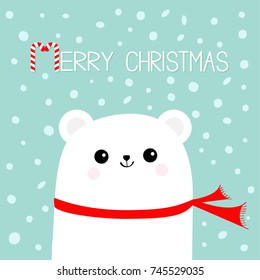 Merry Christmas Candy cane. Polar white bear cub head face wearing red scarf. Cute cartoon smiling baby character. Arctic animal collection. Flat design Winter blue background Snow flake. Vector