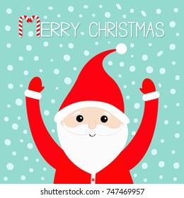Merry Christmas. Candy cane. Santa Claus wearing red hat, costume, big beard, hands up. Cute cartoon kawaii funny character with open hands. Blue snow background. Greeting card. Vector