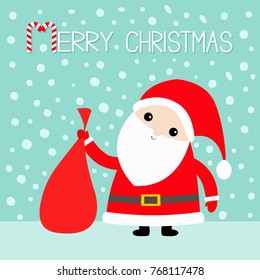 Merry Christmas. Candy Cane. Santa Claus holding carrying sack gift bag. Red hat, costume, big beard, golden belt. Cute cartoon kawaii funny character. Blue snow flake background. Greeting card Vector