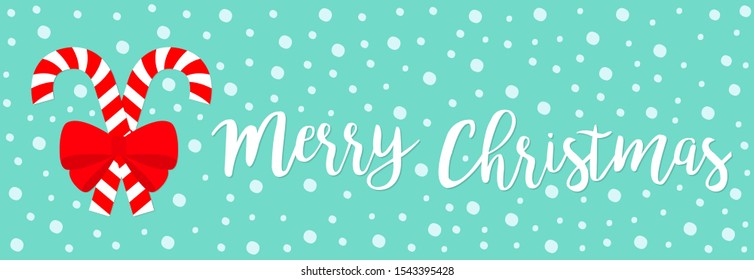 Merry Christmas. Candy Cane set. Two cute peppermint stick. Big red bow decoration. Greeting card. Flat design. Blue snow flake background. Isolated. Vector illustration