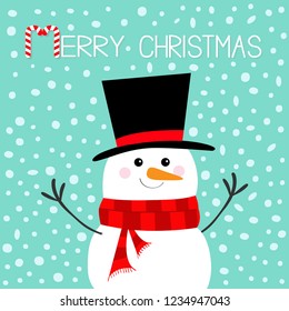 Merry Christmas. Candy cane. Snowman, carrot nose, black hat, red scarf. Happy New Year. Cute cartoon funny kawaii character. Blue winter snow flake background. Greeting card. Flat design. Vector