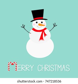 Merry Christmas. Candy cane. Snowman, carrot nose, hat, red scarf and snowflakes. Cute cartoon funny kawaii character. Blue winter background. Greeting card. Flat design. Vector illustration