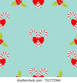 Merry Christmas Candy Cane stick with red bow. Holly berry icon. Mistletoe. Green leaf Three red berries. Seamless Pattern. Flat design. Blue background. Vector illustration.