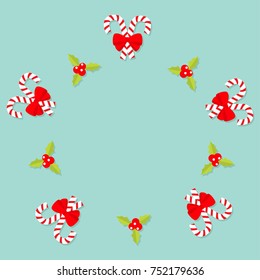 Merry Christmas Candy Cane stick with red bow. Holly berry icon. Mistletoe. Green leaf Three red berries. Round frame. Flat design. Blue background. Vector illustration.